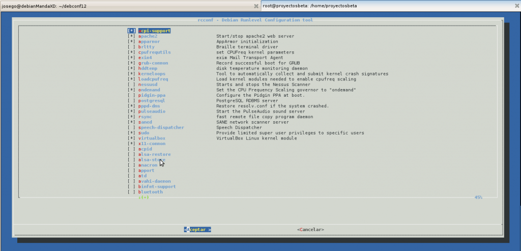 Ejemplo de rcconf en Ubuntu 12.04