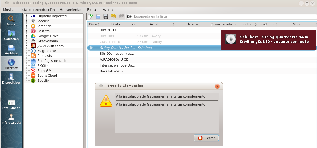 Faltan algunos complementos de GStreamer para escuchar estacines de radio de Clementine en Ubuntu 13.04 Beta 2