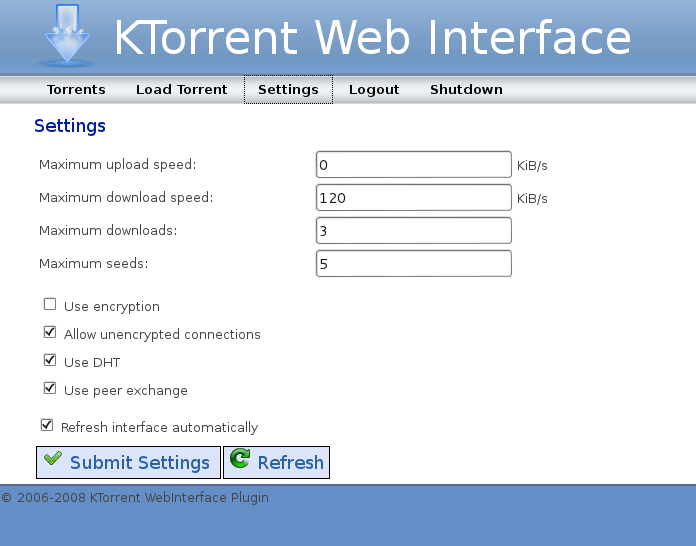 Configuración interface web en KTorrent