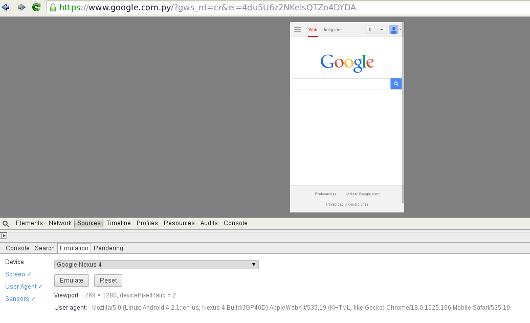 Emulando Nexus 4 con Google Chrome