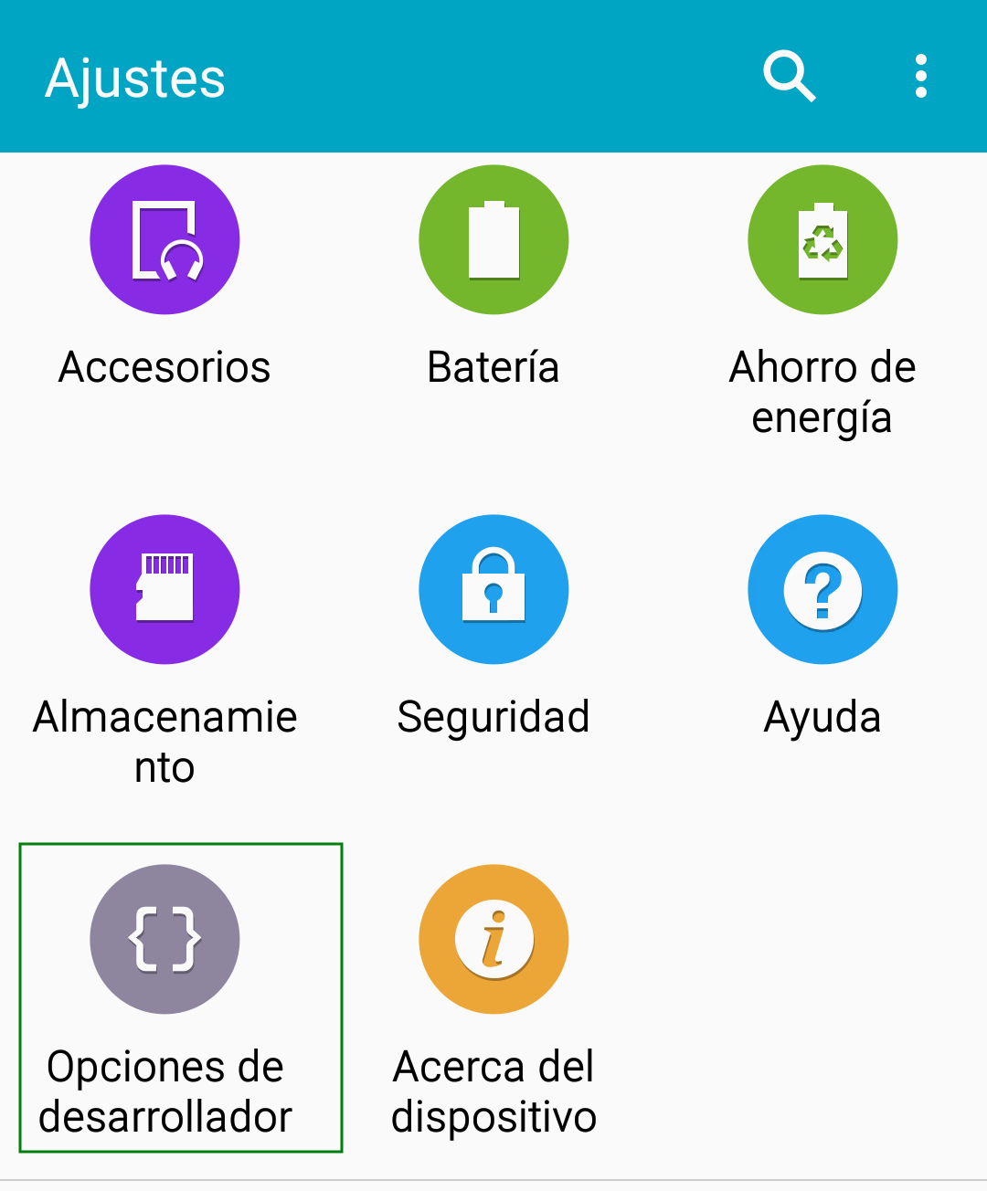 Modo desarrollador en un Samsung S5 con Android 6.0