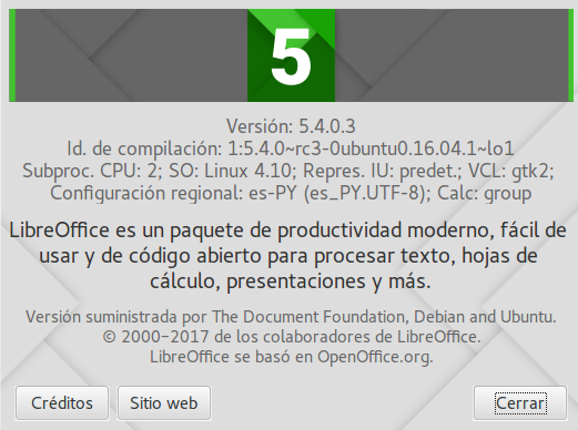 LibreOffice 5.4.0 en Ubuntu Xenial Xerus