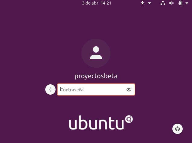 Login en Ubuntu 20.04 LTS Focal Fossa Beta