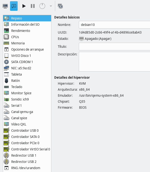 Hardware en Debian Buster virt-manager